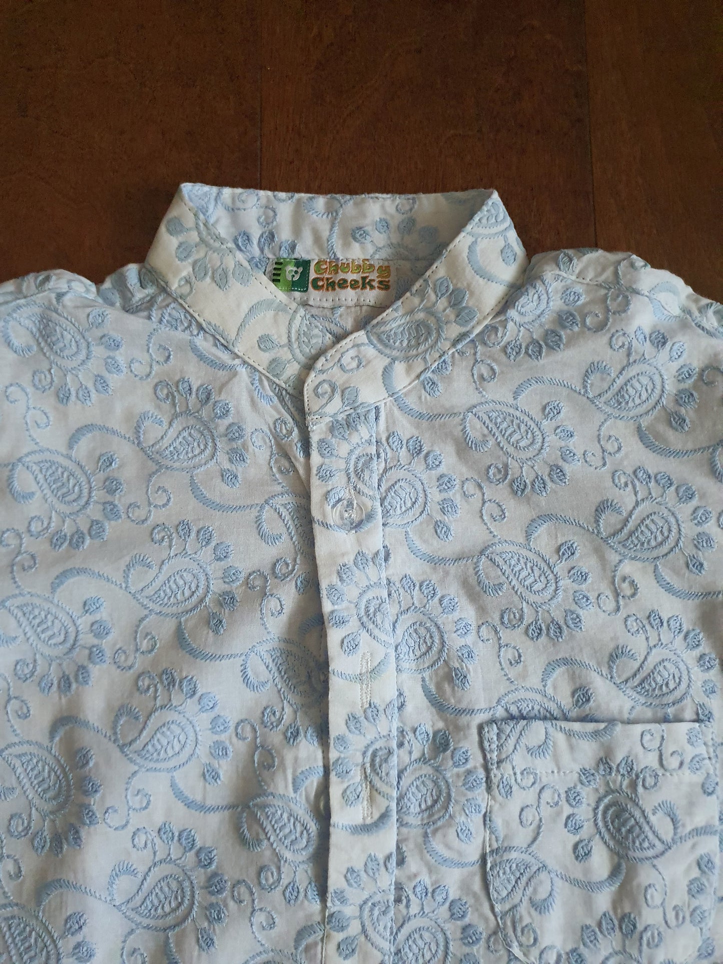 Thread Embroidery on Rubia Cotton Kurta-Pajama Set | Blue & White