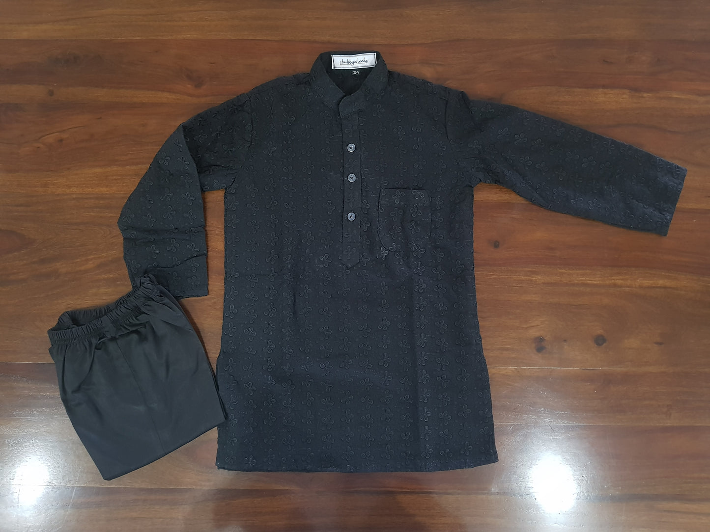 Thread Embroidery on Pure Cotton Kurta-Pajama Set | Black