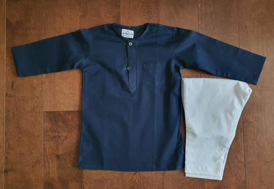 Linen Cotton Kurta-Pajama Set | Navy Blue & White