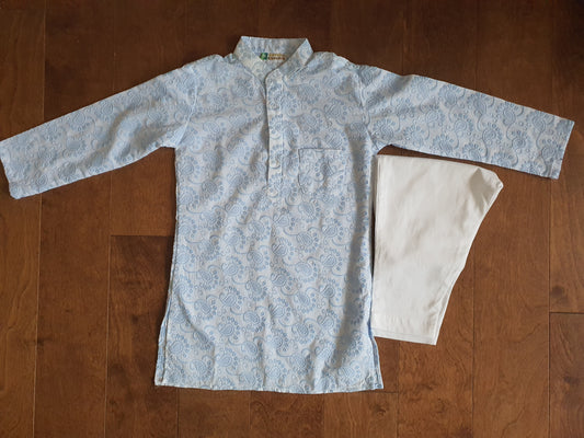 Thread Embroidery on Rubia Cotton Kurta-Pajama Set | Blue & White