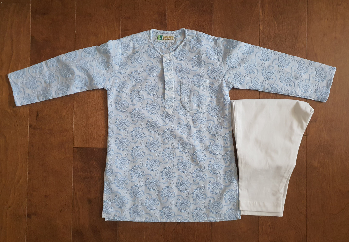 Thread Embroidery on Rubia Cotton Kurta-Pajama Set | Blue & White