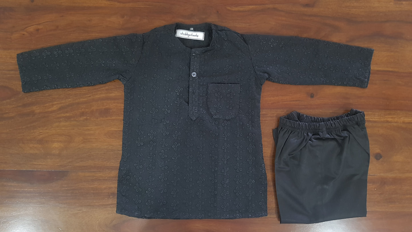 Thread Embroidery on Pure Cotton Kurta-Pajama Set | Black